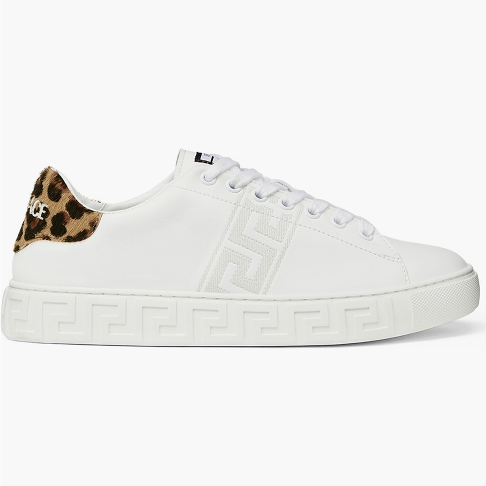 Versace Greca Calf Hair Low Top Sneakers White Leopard Heel Size 39.5 NWT - Picture 13 of 13